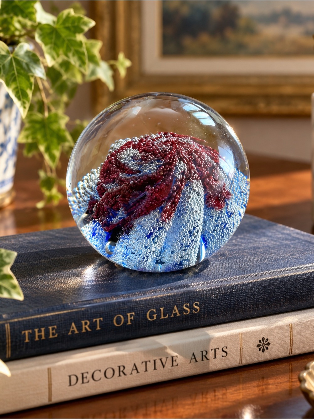 Art Glass Paperweight in Blue and Red - Decorative Orb Accent